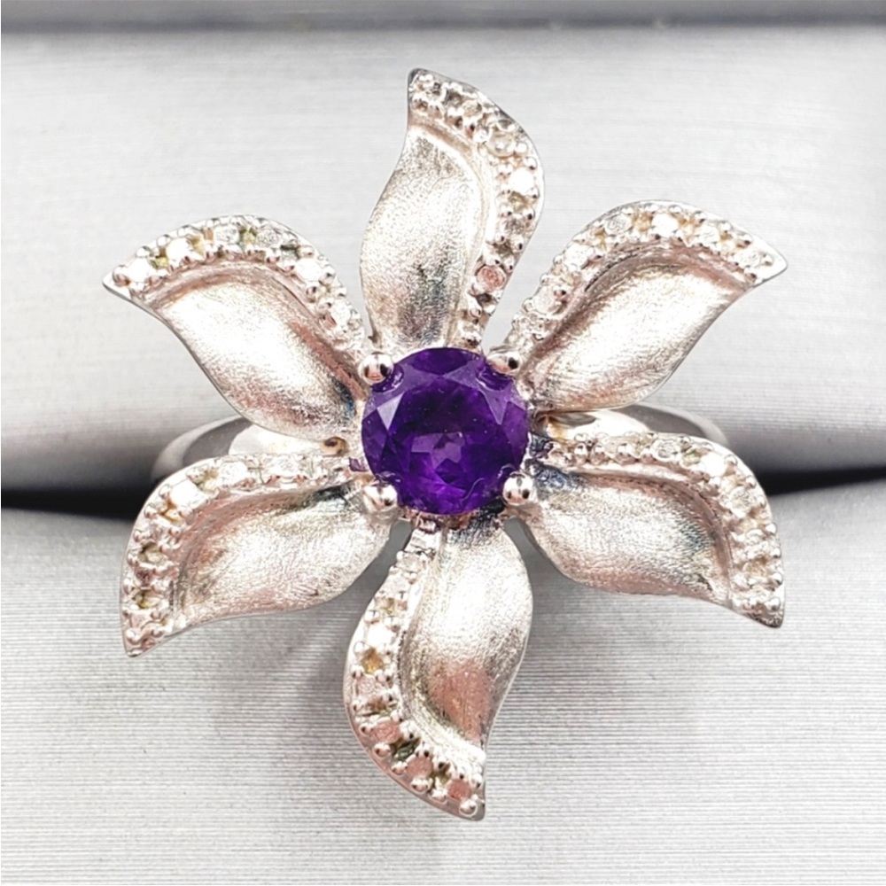 Genuine Round Purple Amethyst & Diamond Accent 925 Silver Flower Statement Ring